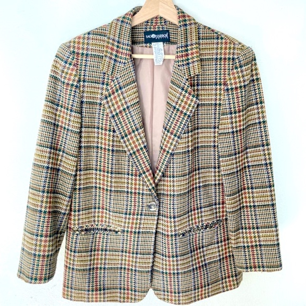 Vintage Sag Harbor Wool Blazer Jacket Academia Tartan Houndstooth Brown 10P